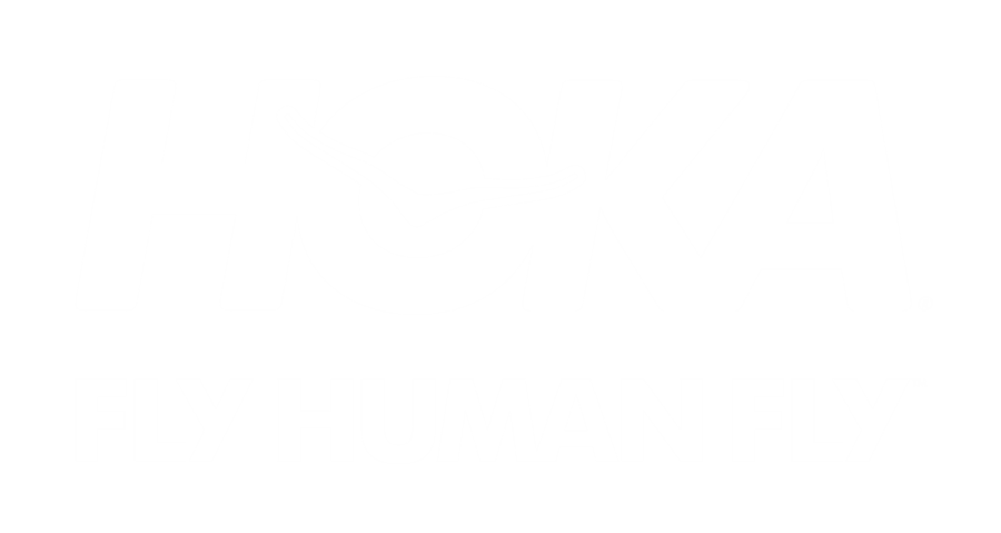 White HOKA logo with a stylized checkmark above the O and the phrase FLY HUMAN FLY in bold capital letters below, all on a light gray background.