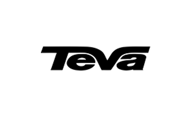 Black Teva logo on a white background, with bold, stylized lettering where the e and v share a continuous curved line.