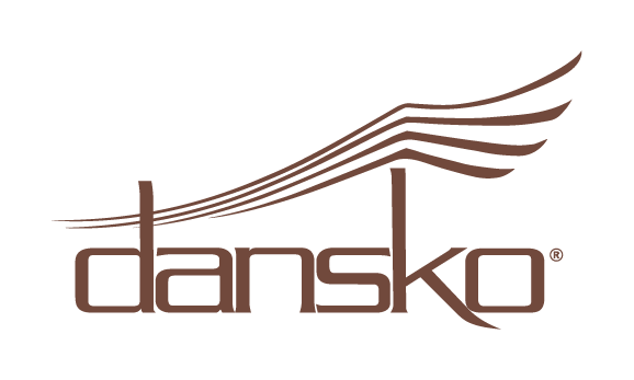 The Dansko logo in brown features the word dansko in lowercase letters, with curved, stylized lines above the n and s suggesting motion or wings.