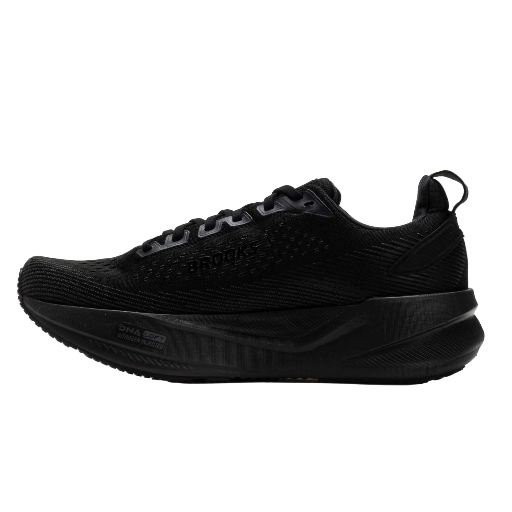 BROOKS Women's Ghost Max 4 Wide Black/Black running shoe, black mesh upper, side profile view.
