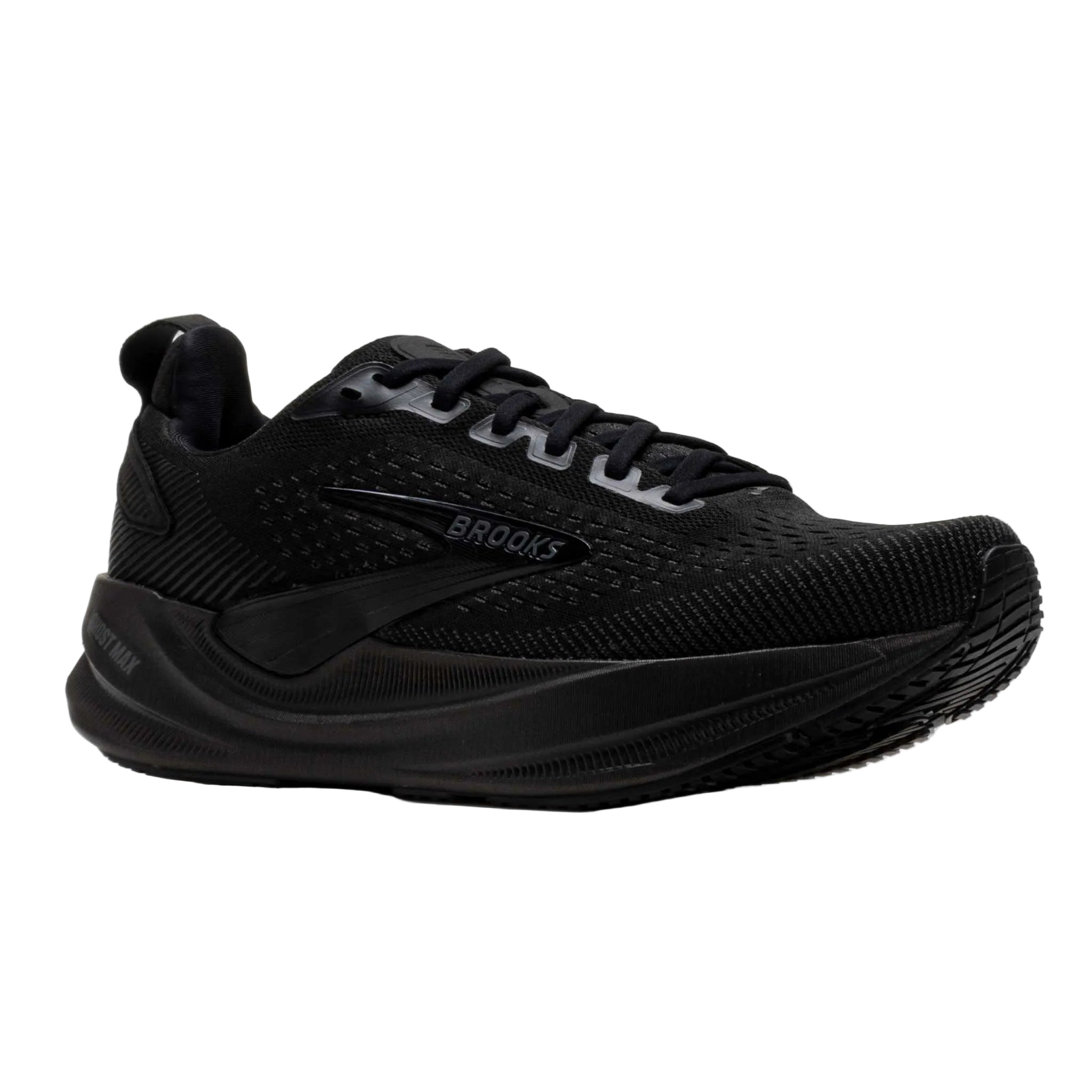 BROOKS Women's Ghost Max 4 Wide Black/Black running shoe, heel counter and DNA LOFT midsole, rear view.