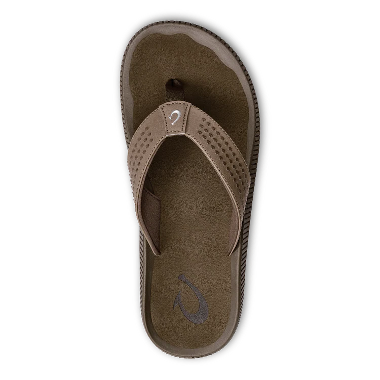 A single OLUKAI Mens Ulele Brown water-resistant sandal, shown from above on a plain background, displays its textured straps and sole with looped logos on both the strap and footbed.