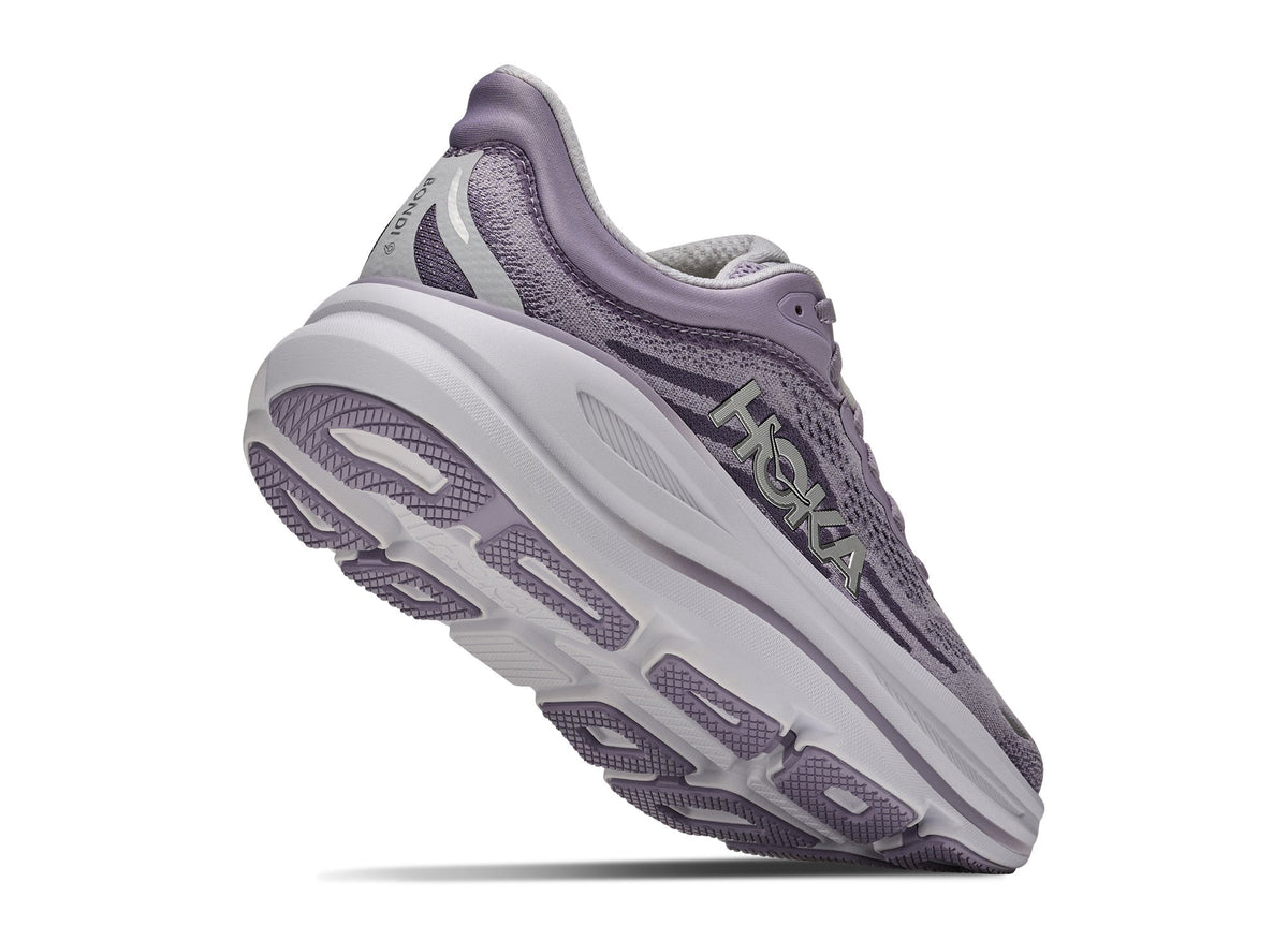 HOKA Women's Bondi 9 Mellow Lilac/Purple Fog road running shoe with a 5mm drop and plush cushioning.