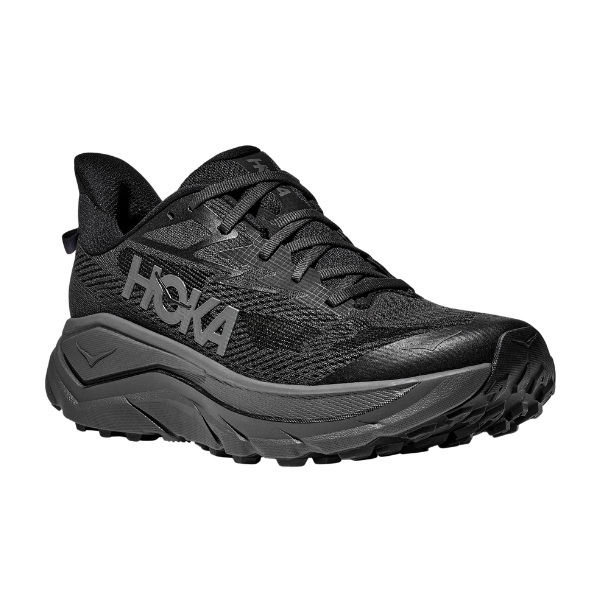 Black Hoka running shoe on a white background
