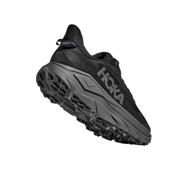 Black Hoka running shoe on a white background