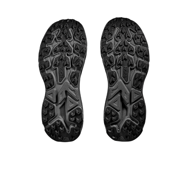 Black shoe soles with tread pattern on a white background