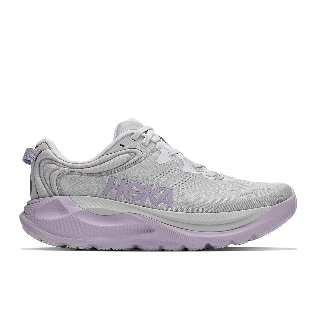 HOKA Women's Gaviota 6 in Stardust/Mellow Lilac, breathable grey mesh upper, padded collar and arch support.