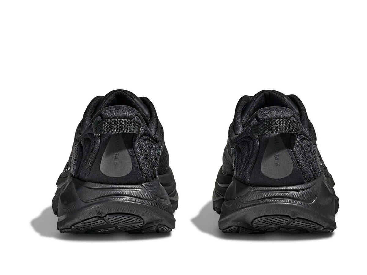 Rear view of the HOKA Women's Gaviota 6 Black/Black running shoe, heel pull webbing and stable heel counter.