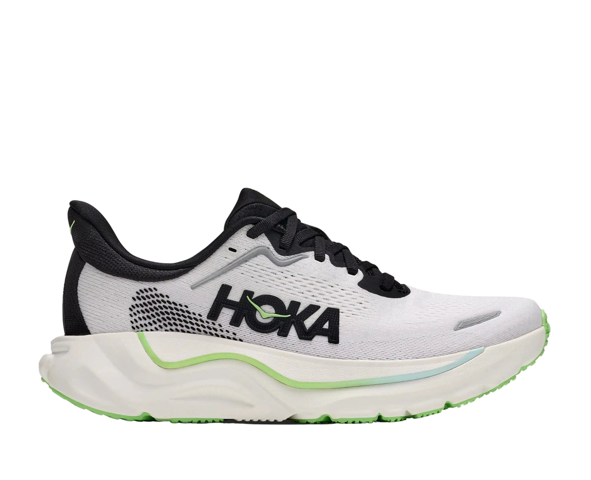 HOKA Men's Arahi 9 Frost/Black stability running shoe, pale mesh upper with black midsole, angled side view.