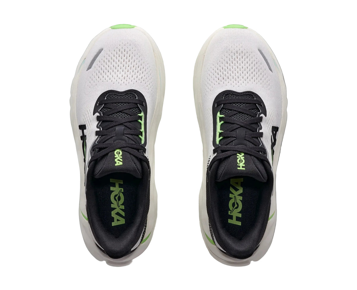 HOKA Men's Arahi 9 Frost/Black running shoe, black H-Frame midsole and tonal laces, side profile view.