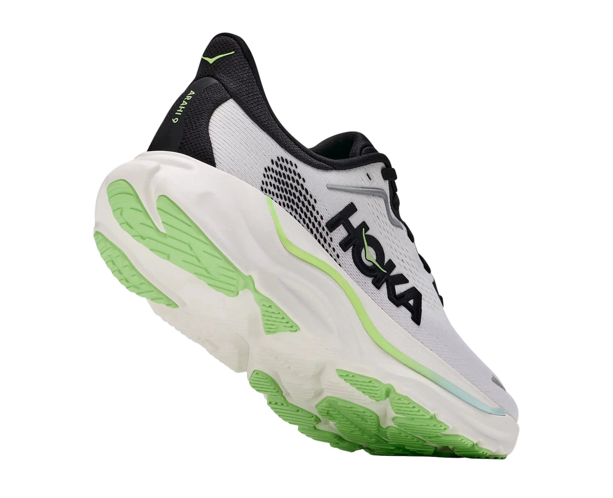HOKA Men's Arahi 9 Frost/Black running shoe outsole, podular rubber tread pattern for road running.