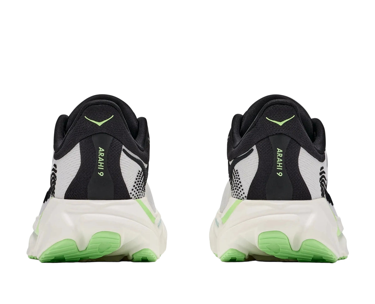 HOKA Men's Arahi 9 Frost/Black running shoe, padded heel counter and black midsole, rear heel view.