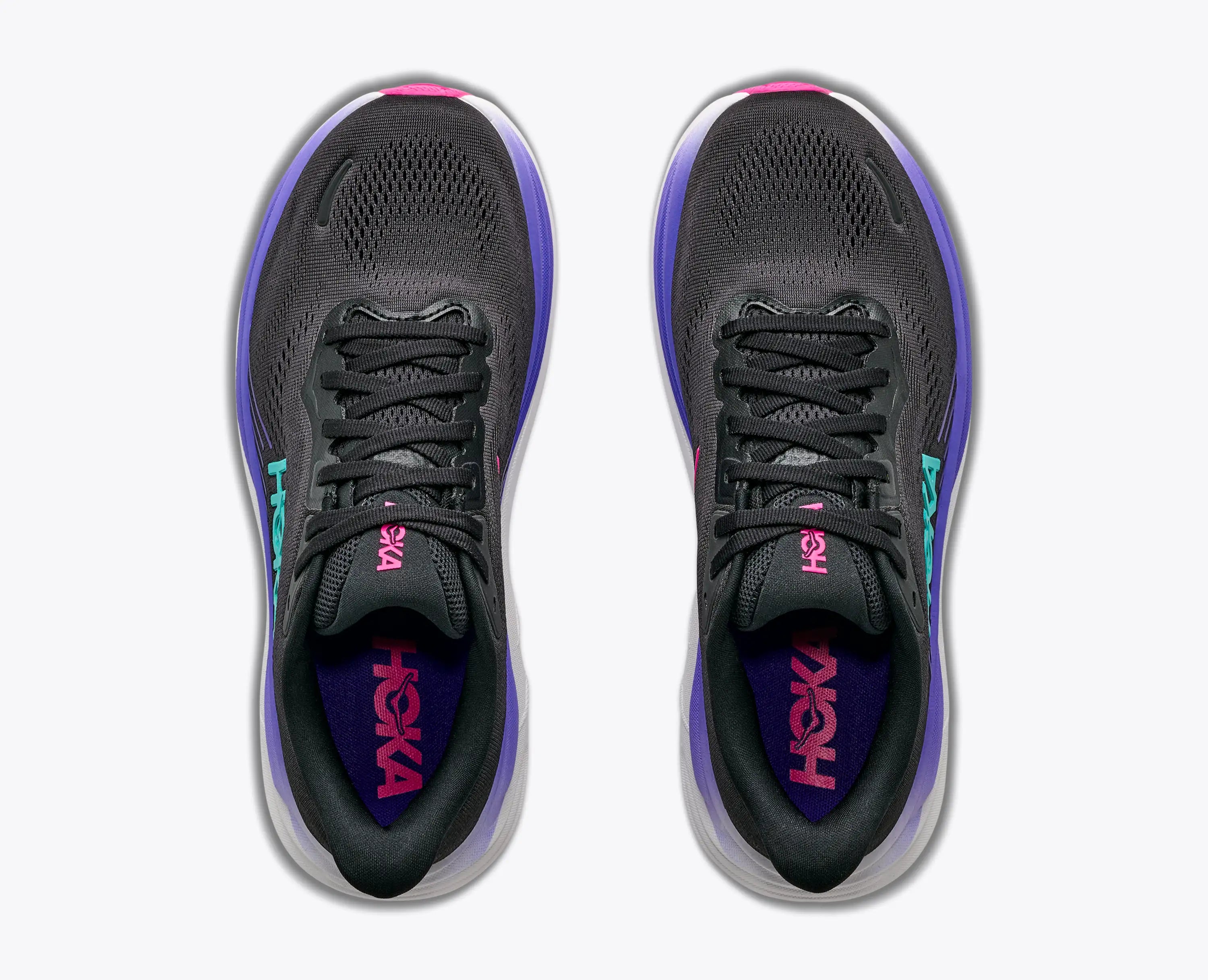 HOKA Women's Clifton 11 Black/Neon Nebula running shoe, black engineered mesh upper with HOKA logo, side profile.