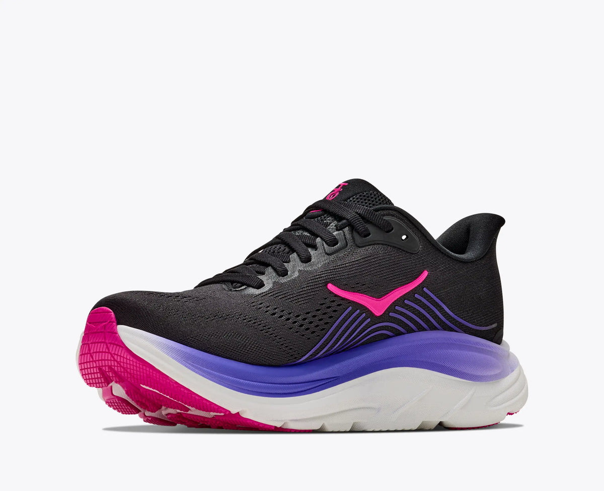 HOKA Women's Clifton 11 Black/Neon Nebula shoe from above, black laces and padded collar, cushioned comfort.