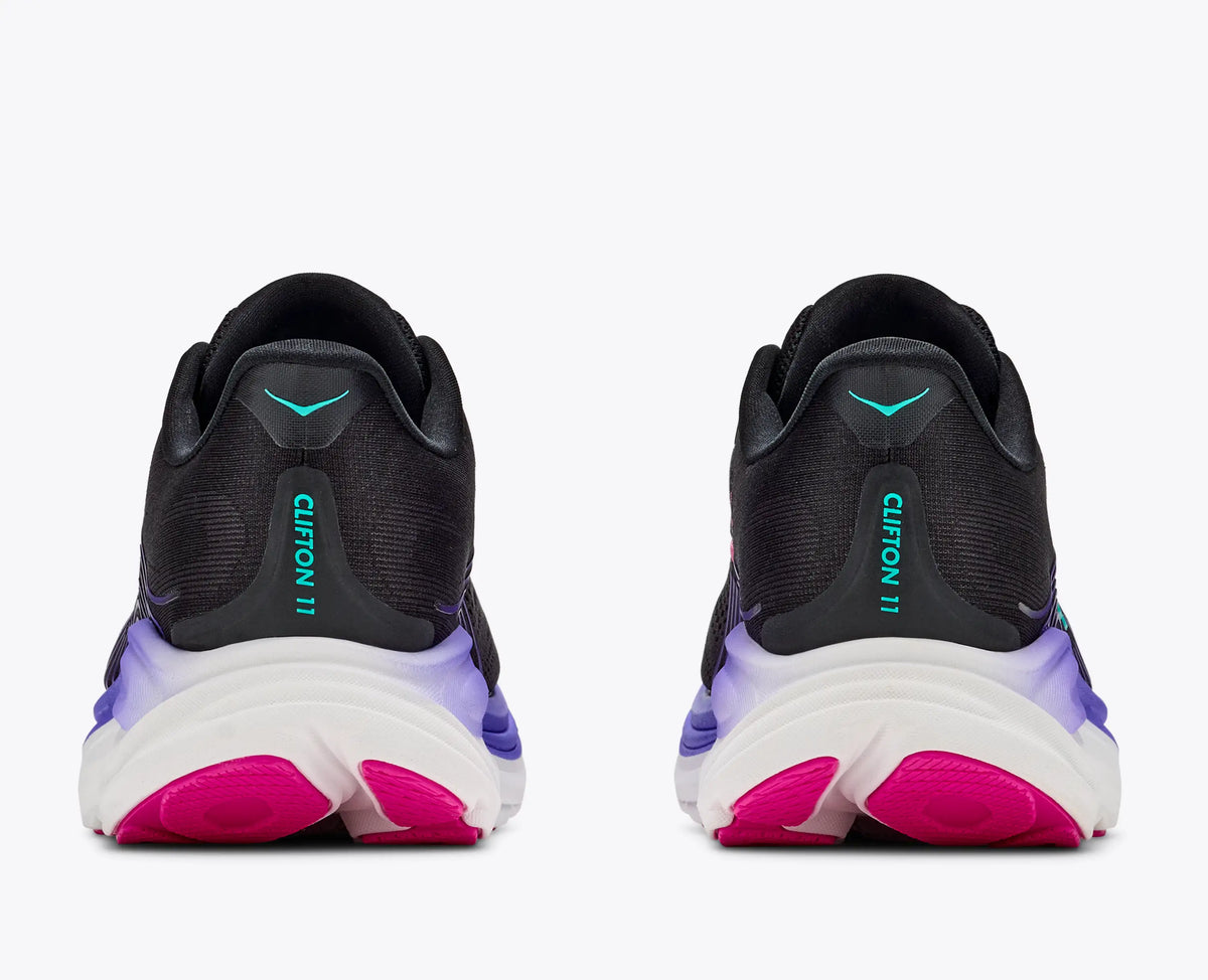 Rear view of the HOKA Women's Clifton 11 Black/Neon Nebula running shoe, heel counter and Active Foot Frame.