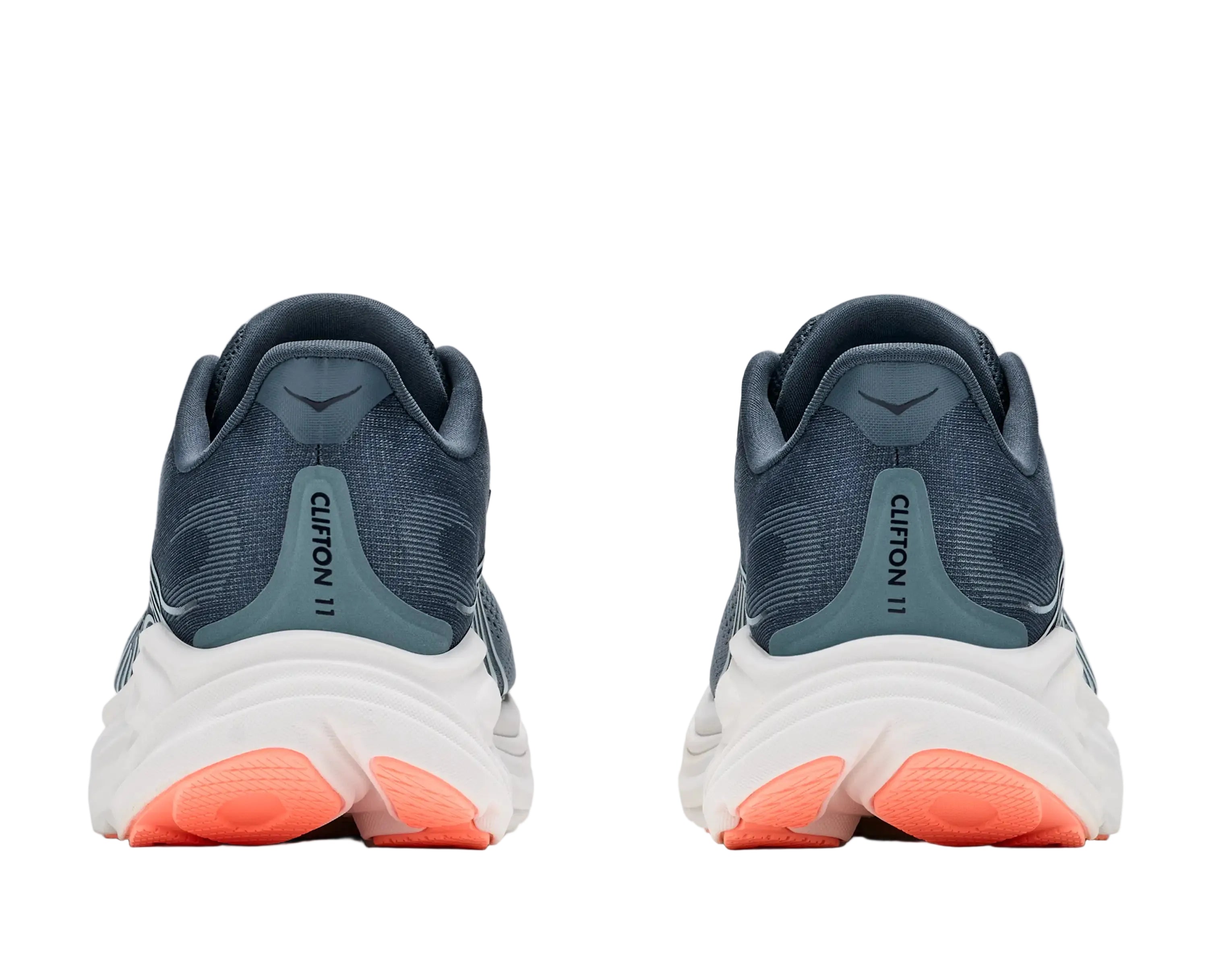 Rear view of the HOKA Women's Clifton 11 Navy/Gum Blue running shoe, heel counter and Active Foot Frame.