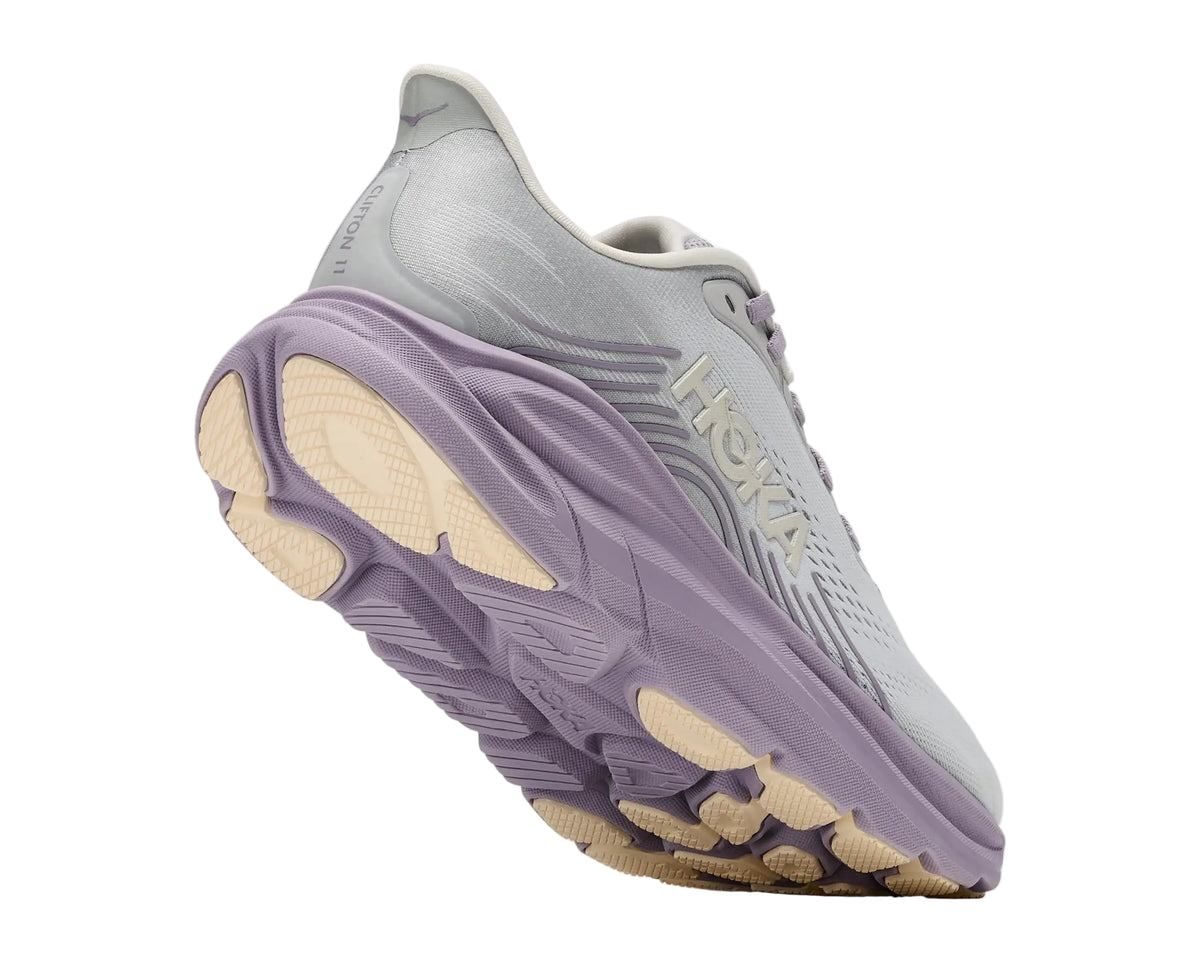 Outsole of the HOKA Women's Clifton 11 Stardust/Mellow Lilac running shoe, abrasion rubber tread pattern.