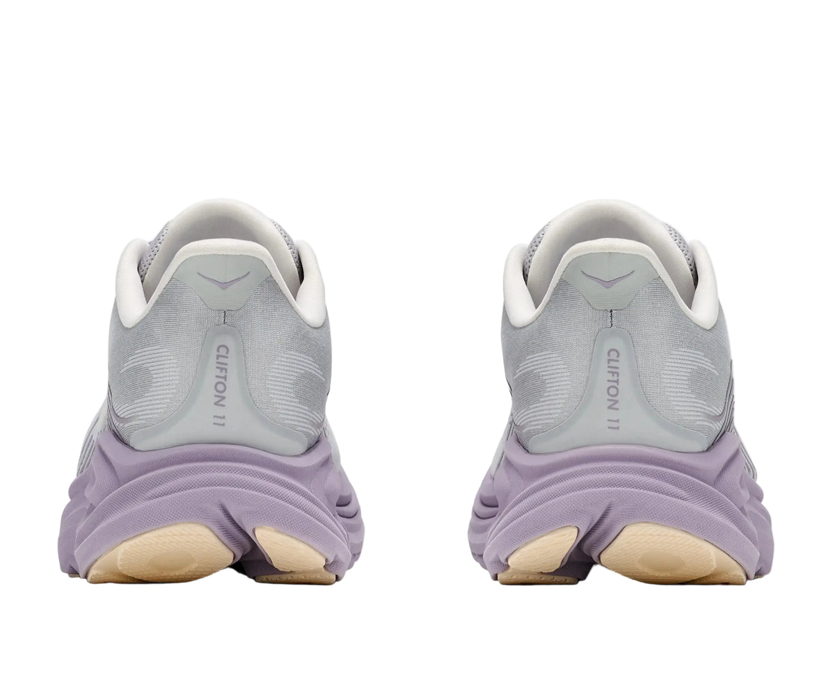 Rear view of the HOKA Women's Clifton 11 Stardust/Mellow Lilac shoe, heel counter and Active Foot Frame.