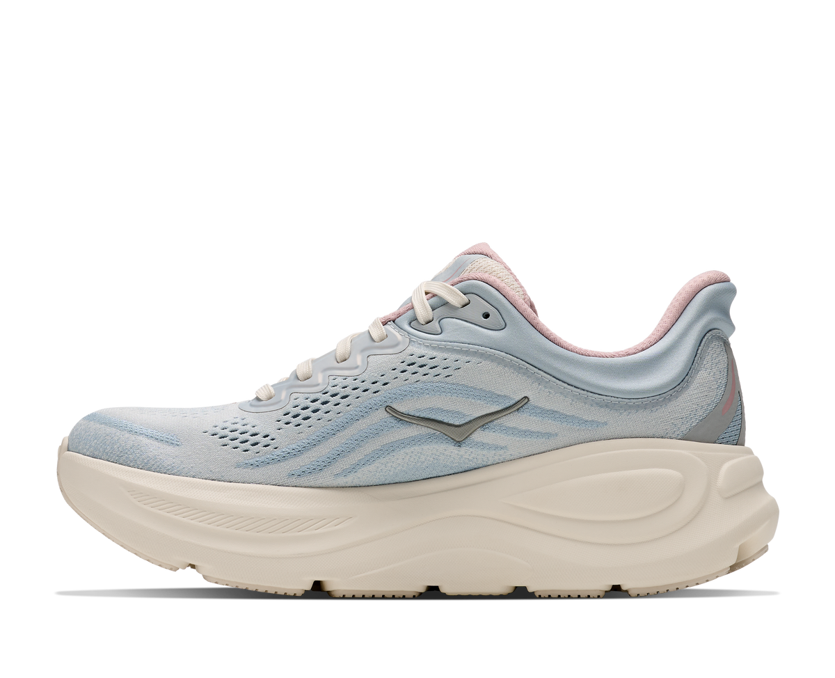 HOKA Women's Bondi 9 GLM Alabaster/Mineral Blue running shoe, medial view, arch support and plush cushioned midsole.