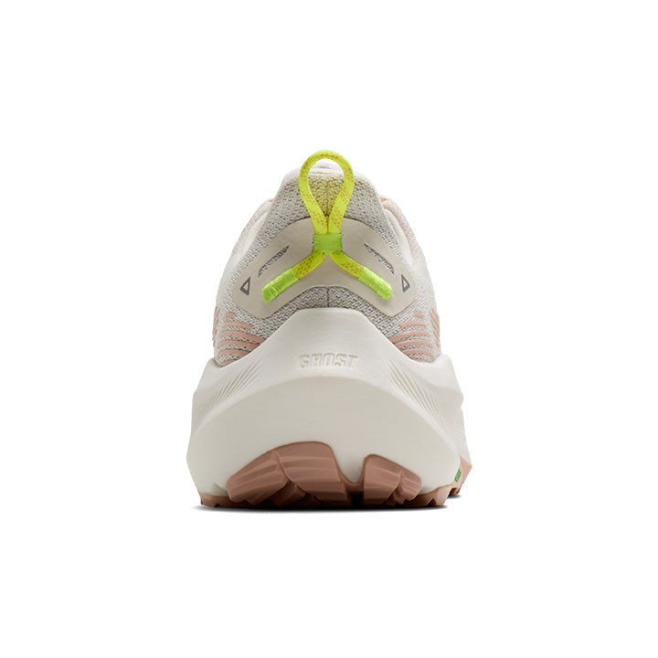 Rear view of the BROOKS Women's Ghost Trail Arctic Wolf/Rose/Nightlife with a cushioned heel counter.