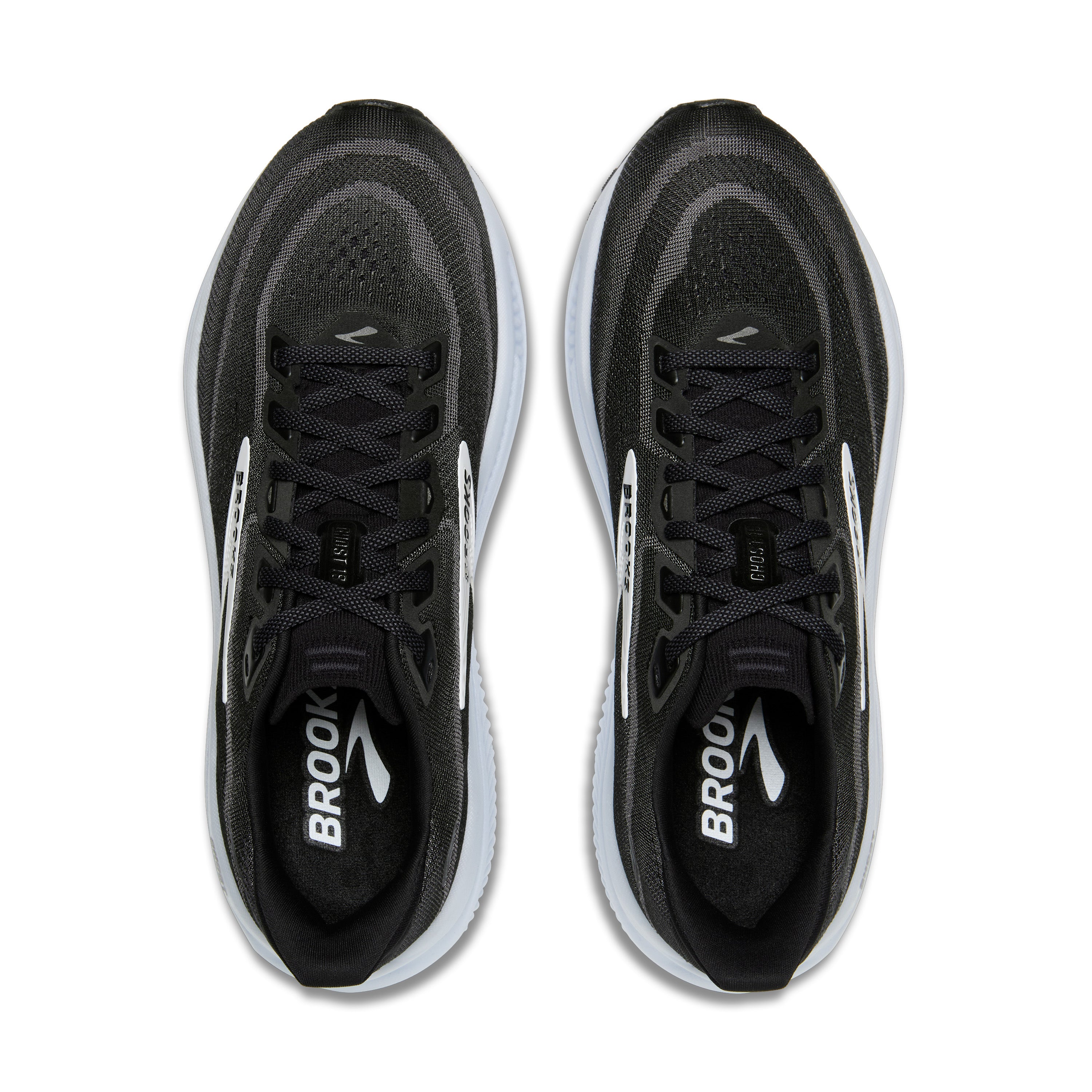 Top view of Brooks Women's Ghost 18 Black/White Wide, showing supportive fit and soft cushioning with BROOKS insoles.