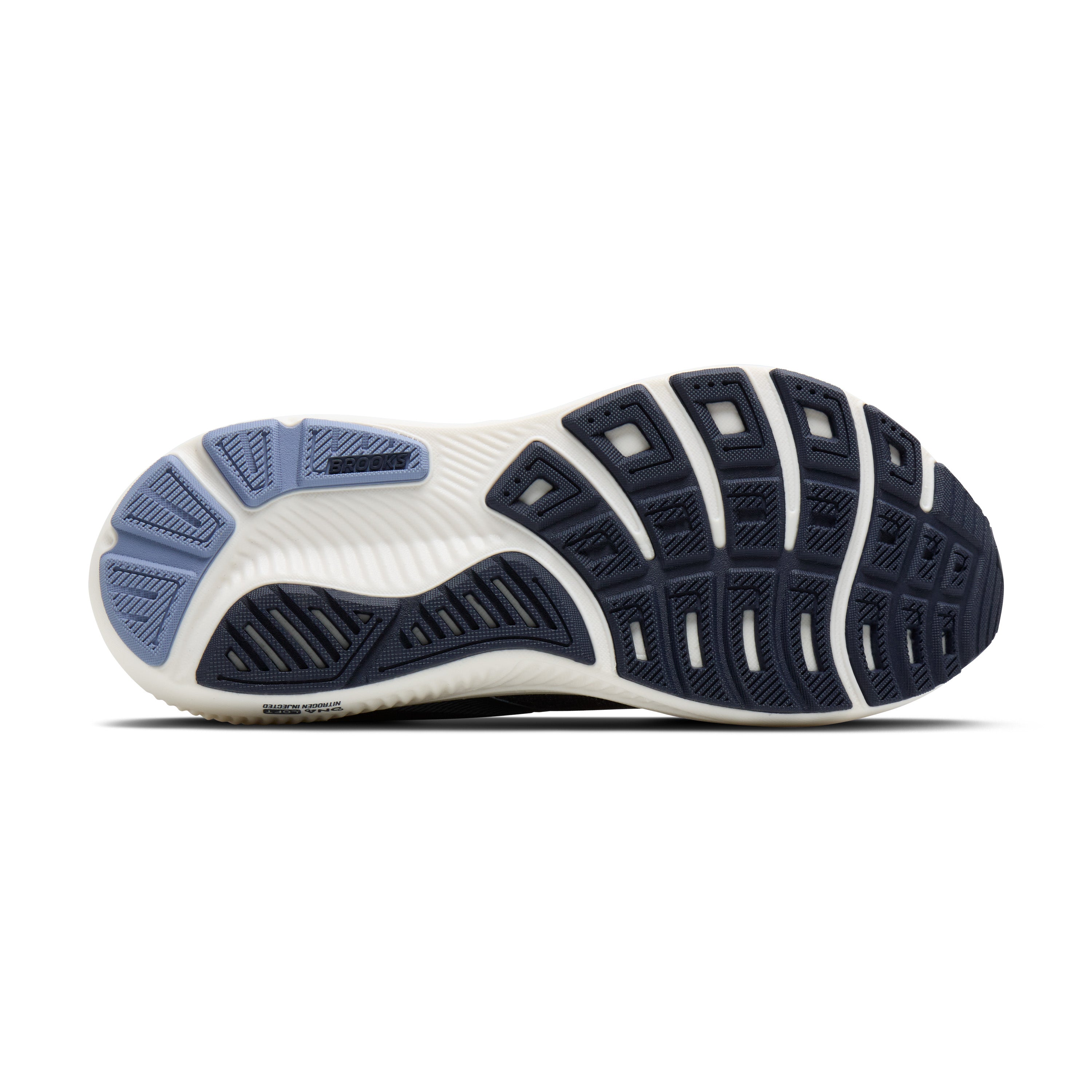 The image shows the sole of the BROOKS Ghost 18 Women's road shoe in navy/white with soft cushioning and blue tread.