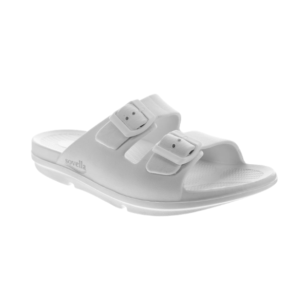 A single white double-strap slide sandal with adjustable plastic buckles, shown from a side angle on a plain white background.