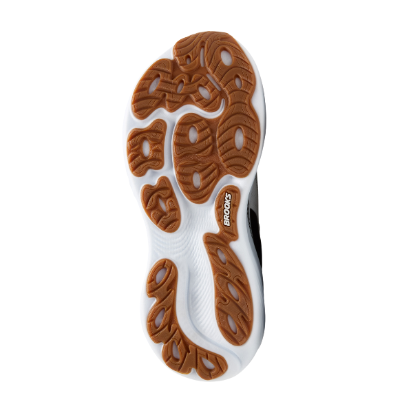 The sole of the BROOKS Men's Adrenaline GTS 25 Wide White/Black running shoe has a white base with brown rubber tread and a Brooks logo, providing ideal support—great for those with plantar fasciitis.