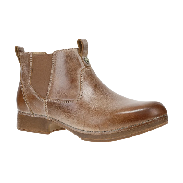 Dansko Women's Michelle Tan Waxy boot by DANSKO: brown leather, elastic sides, slip-resistant sole, low heel.