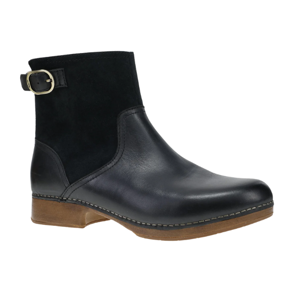 Dansko Women's Monique Black bootie by DANSKO with low brown heel, buckle detail, and slip-resistant sole.