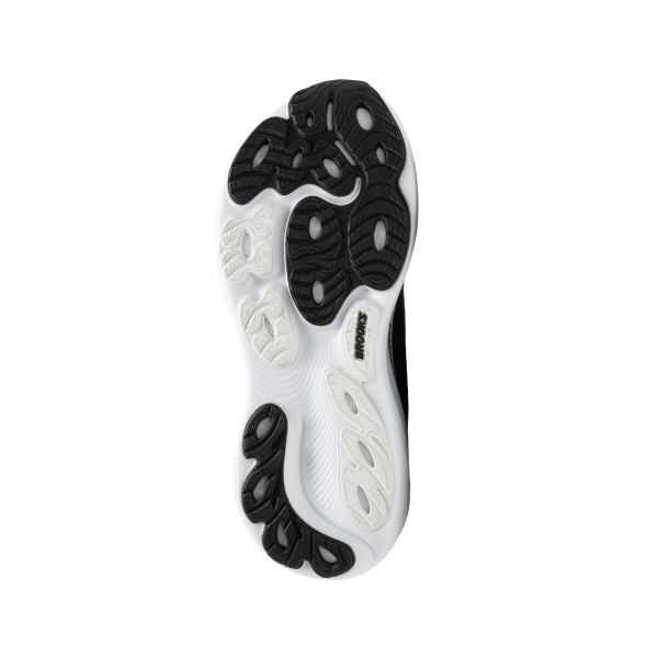 The image displays the outsole of the Brooks Men's Adrenaline GTS 25 Wide Black/White running shoe by BROOKS, featuring a wavy black and white tread with "Brooks" in the center. The white background highlights its design for foot pain relief.