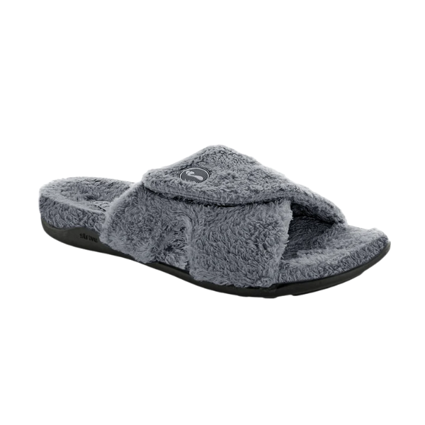 STRIVE Strive Women's Zoey Charcoal open-toe slippers with arch support and adjustable strap, shown on white background.