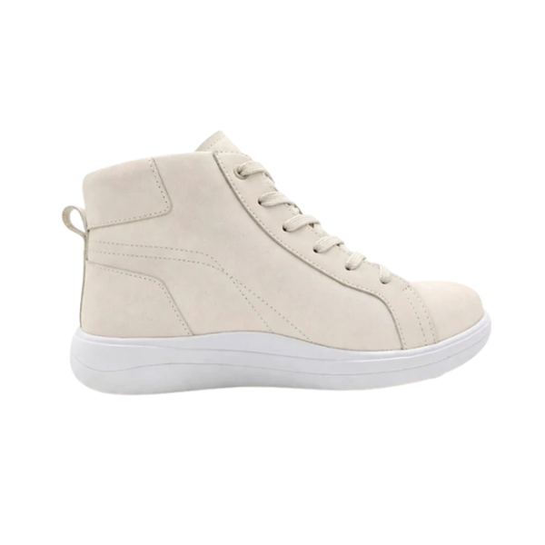 STRIVE Strive Women’s Kensington Sand high-top sneaker with biomechanical footbed, side view on white background. Lucky Feet Shoes