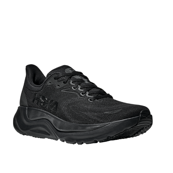 The HOKA Men's Arahi 8 Wide in Black/Black features a thick sole and mesh upper, shown from a side angle.