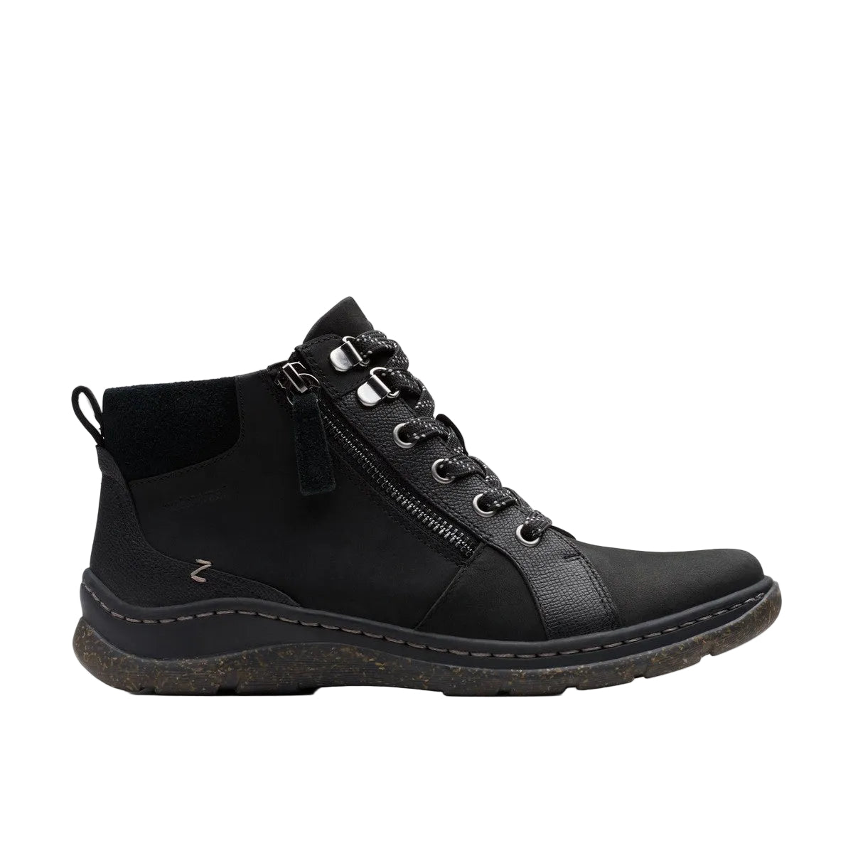 CLARKS Women's Orlene Top Waterproof Wide Black nubuck boot, cushioned footbed, angled side view.