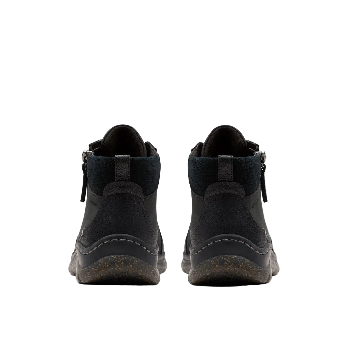 CLARKS Women's Orlene Top Waterproof Wide Black boot, side stitch detail and inside zip, rear view.