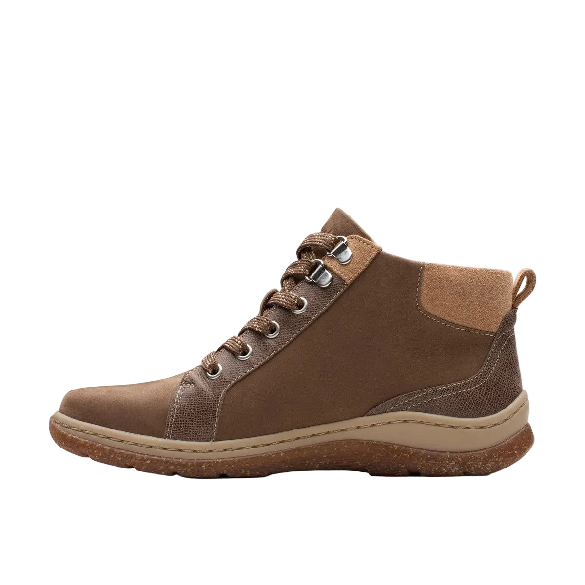 CLARKS Women's Orlene Top Waterproof Wide Sand boot, waterproof nubuck upper, side profile view.