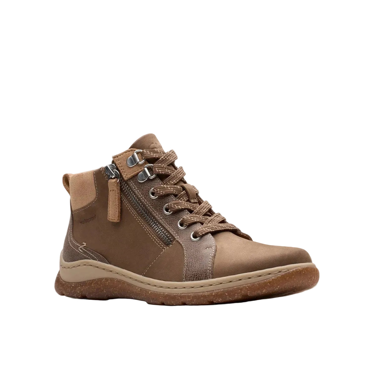CLARKS Women's Orlene Top Waterproof Wide Sand boot, two-layer TPR outsole tread, bottom view.