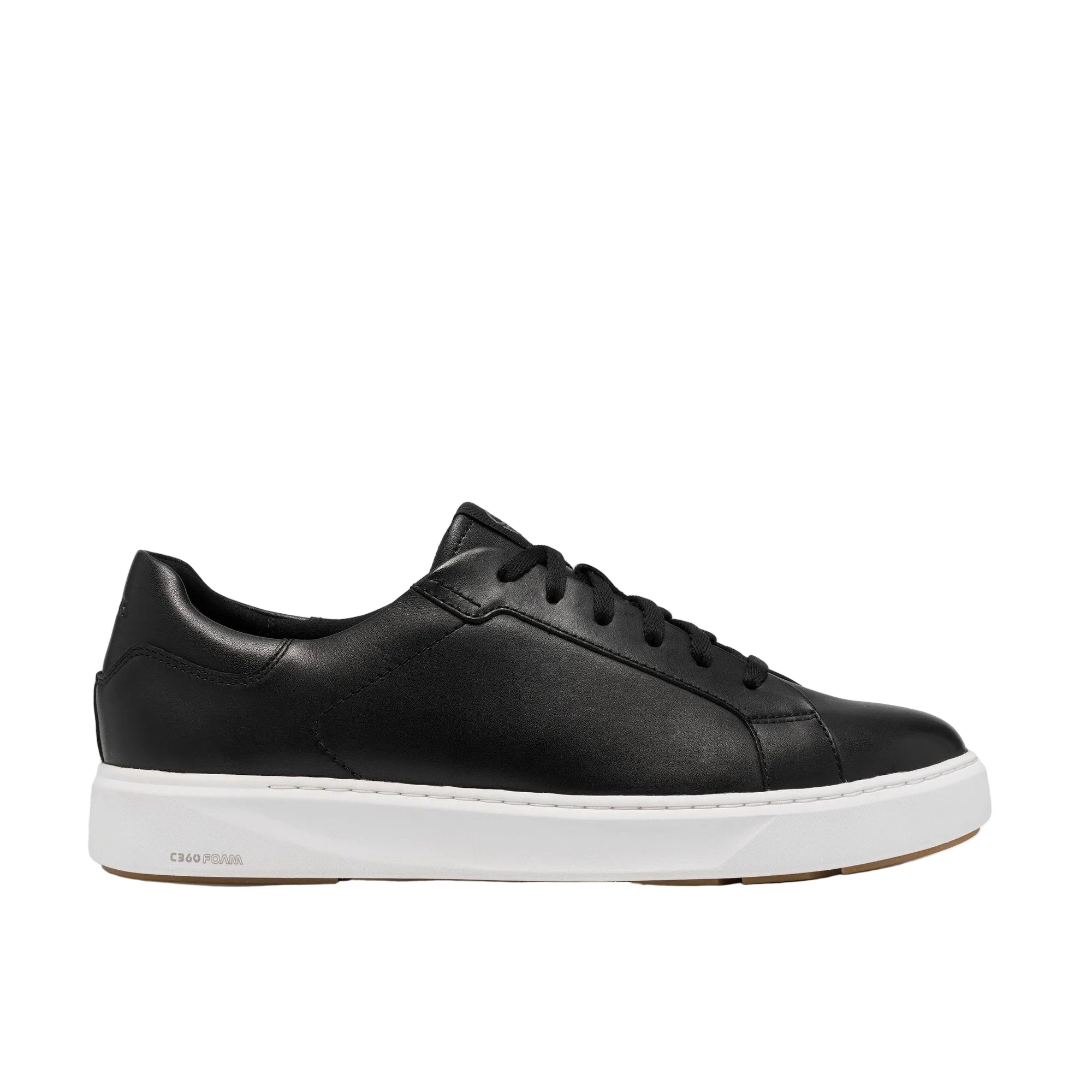 CLARKS Men's Code C Lace Wide Black Leather shoe, soft leather upper and C360 foam sole, angled view.