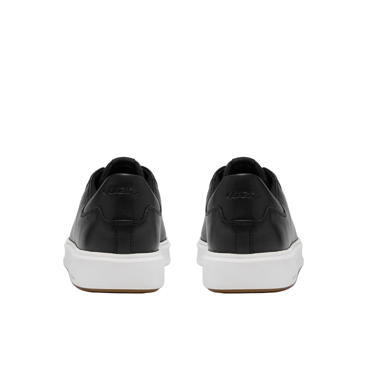 Rear view of the CLARKS Men's Code C Lace Wide Black Leather shoe, padded heel and leather counter.