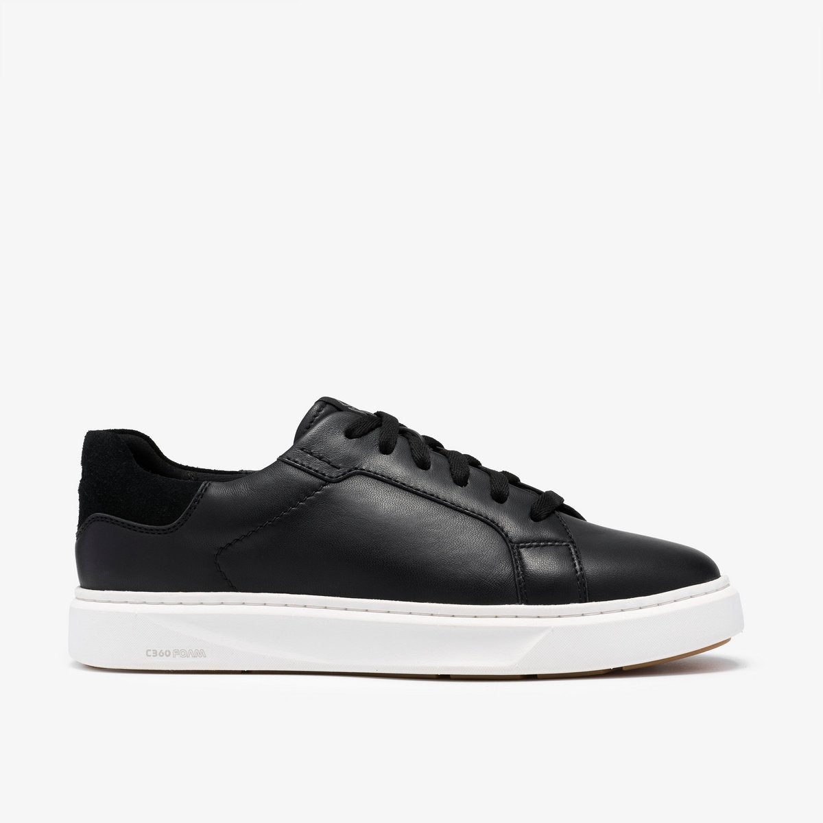 CLARKS Women's Code C Lace Wide Black Leather sneaker, premium leather upper with lace fastening, angled side view.