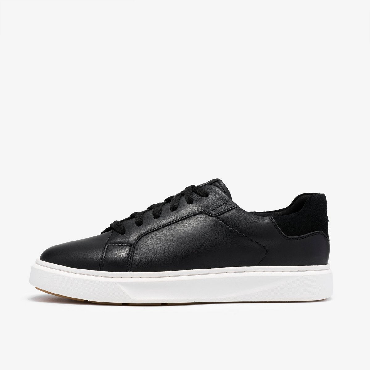 CLARKS Women's Code C Lace Wide Black Leather lace-up sneaker with C360 FOAM cushioning, side profile view.