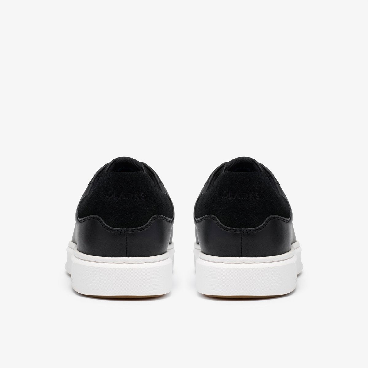 CLARKS Women's Code C Lace Wide Black Leather sneaker, cushioned wide-fit lace-up trainer, rear heel view.