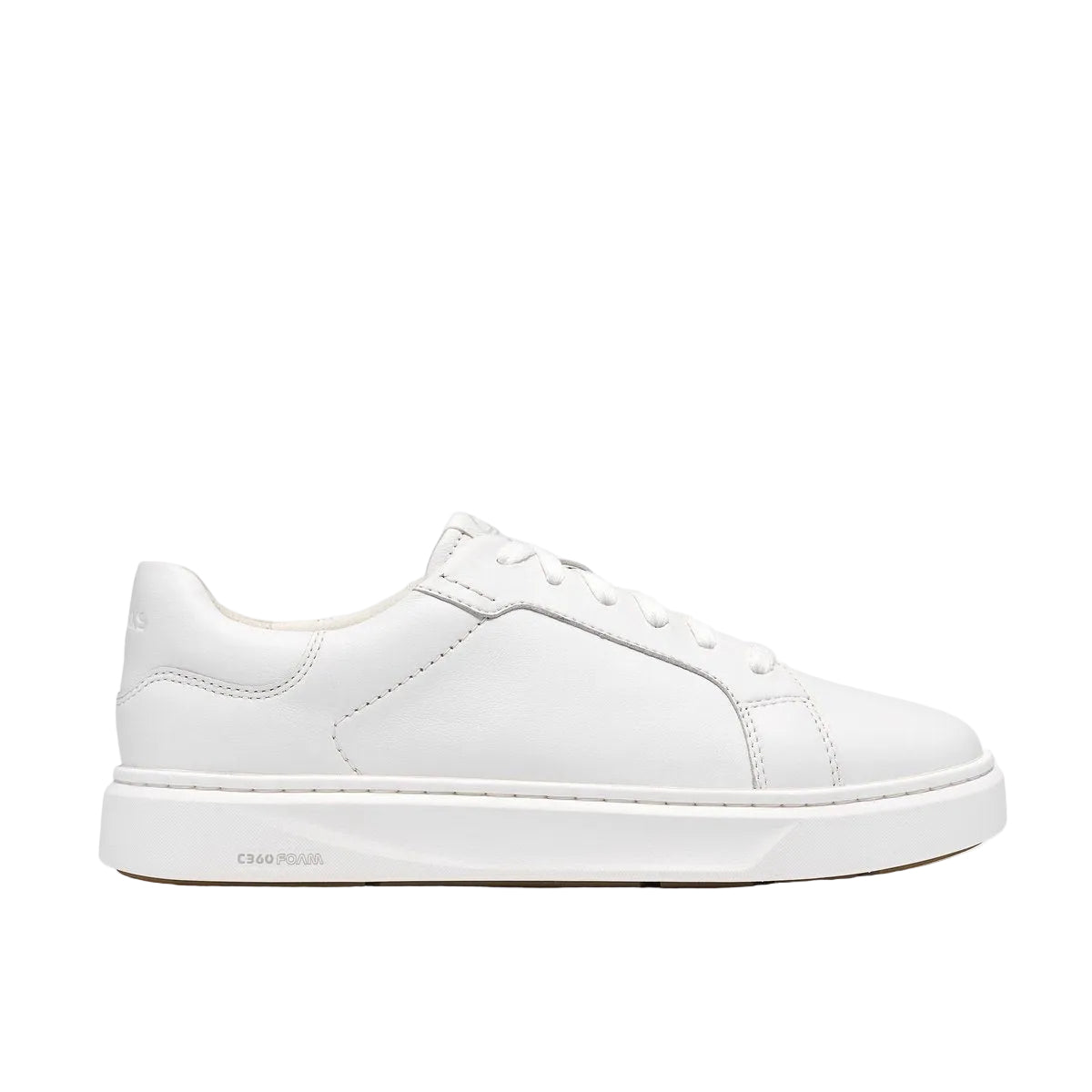 CLARKS Women's Code C Lace Wide White Leather sneaker, premium leather upper with lace fastening, angled side view.