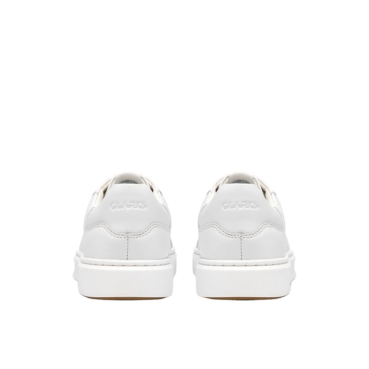 CLARKS Women's Code C Lace Wide White Leather sneaker, cushioned wide-fit lace-up trainer, rear heel view.