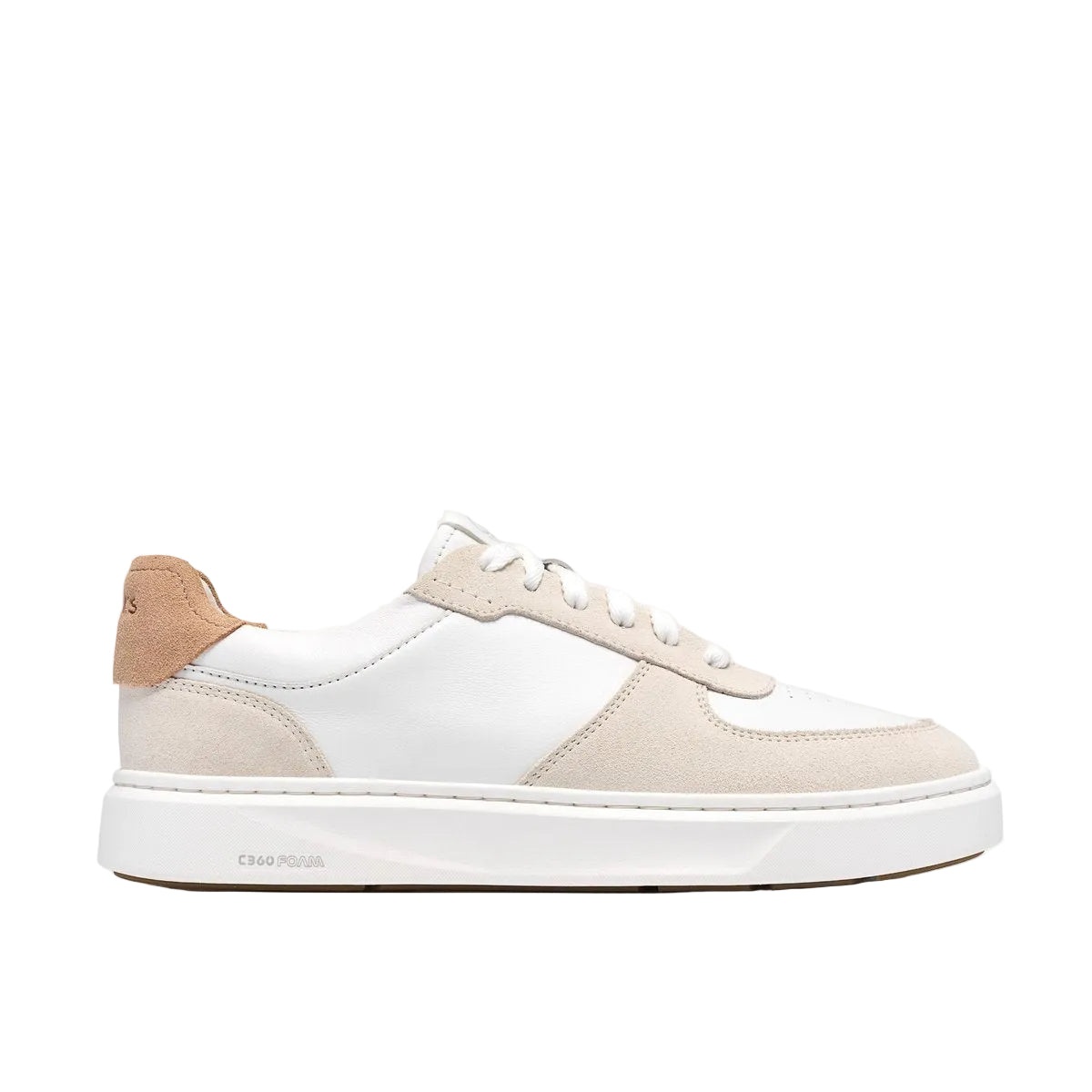 CLARKS Women's Code C Court Wide White Combi sneaker, leather upper with breathable perforations, angled side view.