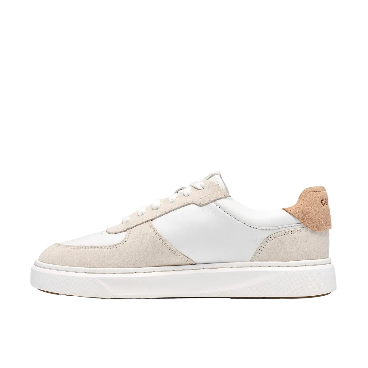 CLARKS Women's Code C Court Wide White Combi basketball-inspired trainer with C360 FOAM cushioning, side profile.