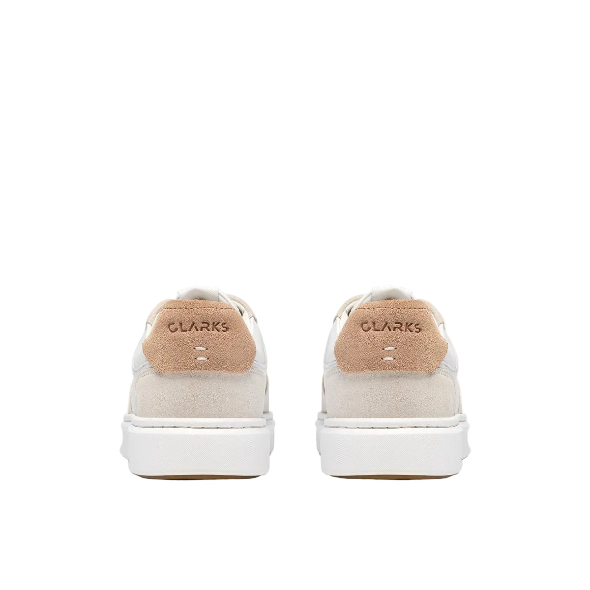CLARKS Women's Code C Court Wide White Combi cushioned wide-fit court trainer, rear heel view.