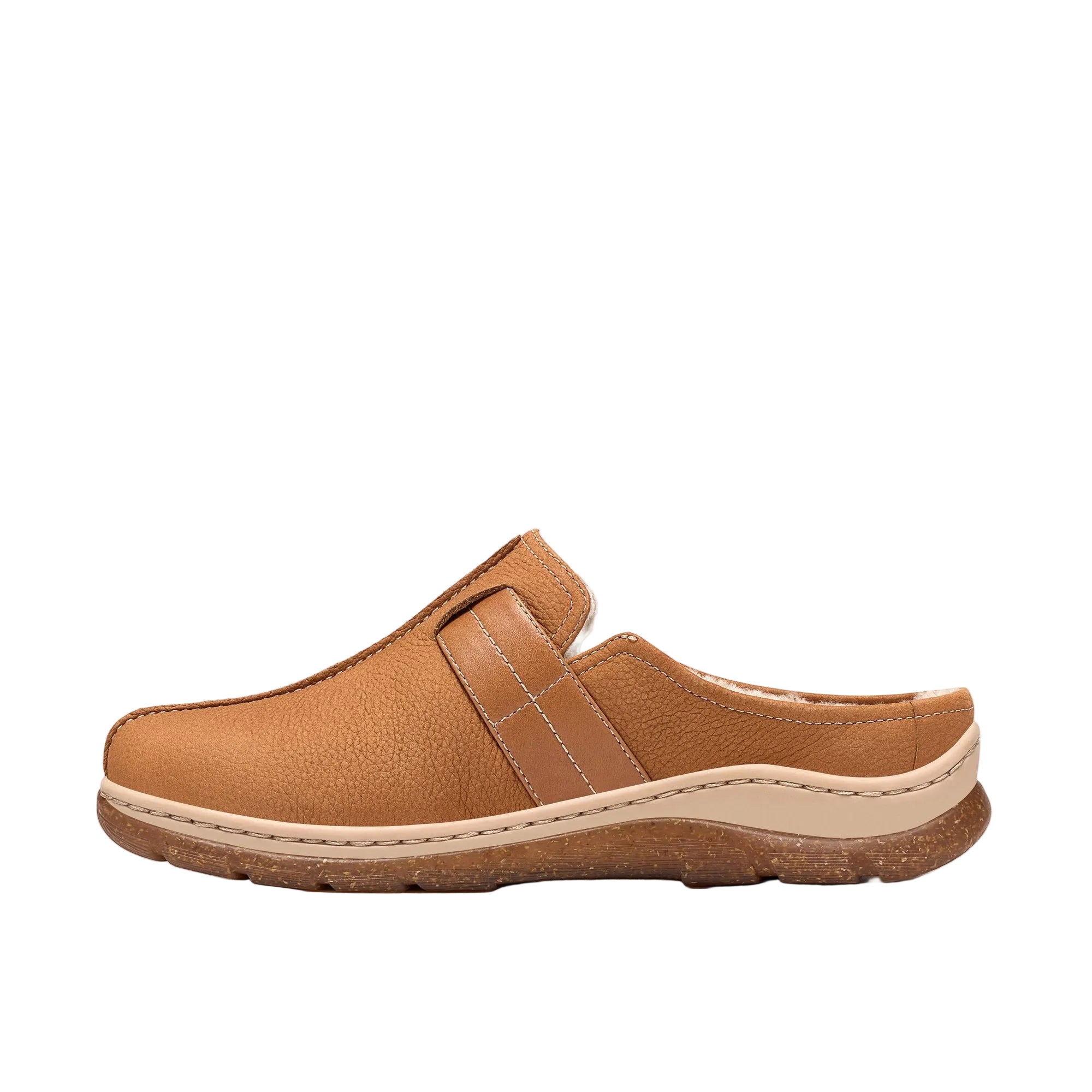 CLARKS Women's Orlene Clog Wide Tan Leather clog, side-stitch detail and TPR sole, side profile.