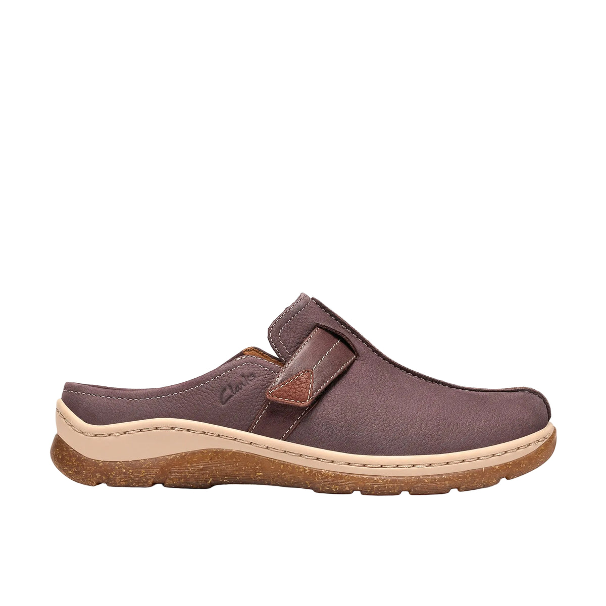 CLARKS Women's Orlene Clog Wide Plum Leather slip-on, soft plum leather upper, angled side view.